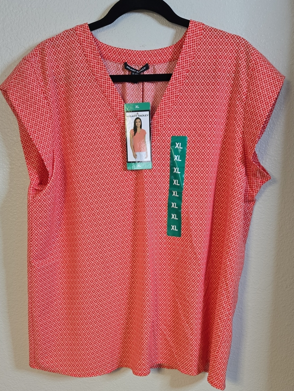 Hilary Radley Coral Red Patterned V-Neck Cap Sleeve Top